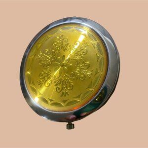 Vintage Ornate Compact Mirror With Yellow Floral Design In Gift Box